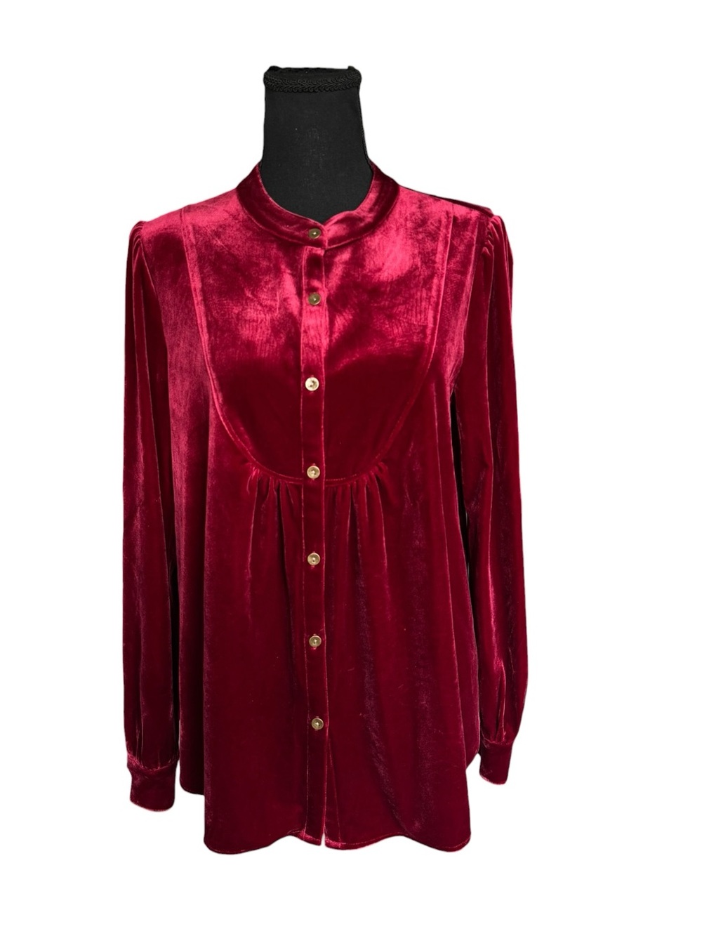 Mododoc Red Velvet Babydoll Button Front Tunic Blouse Small Romantic Holiday